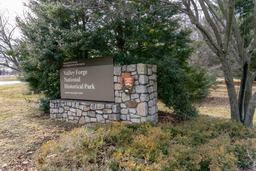 National Park Service sign at the entrance to Valley Forge National Historical Park.