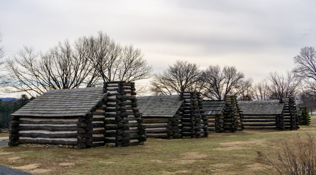 Reconstructed log cabins in the Muhlenberg Brigade Area at Valley Forge National Historical Park.
