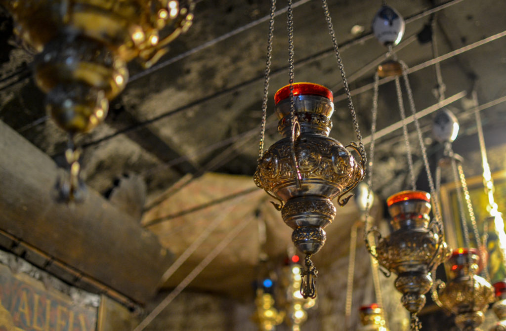 Sanctuary lamps which hang throughout the Church of the Nativity in Bethlehem.