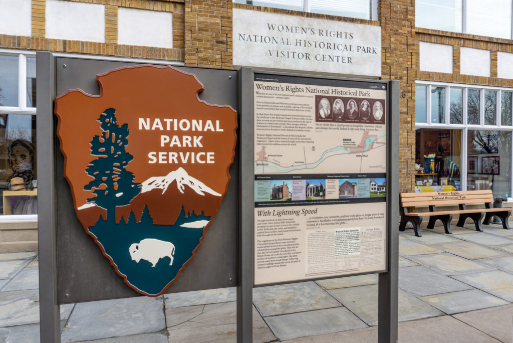Front view of the Women's Rights National Historical Park Visitor Center – complete with the National Park Service sign.