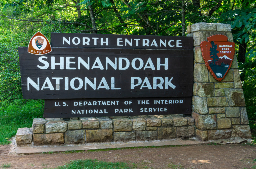 Shenandoah National Park's north entrance sign, found near Front Royal, Virginia.