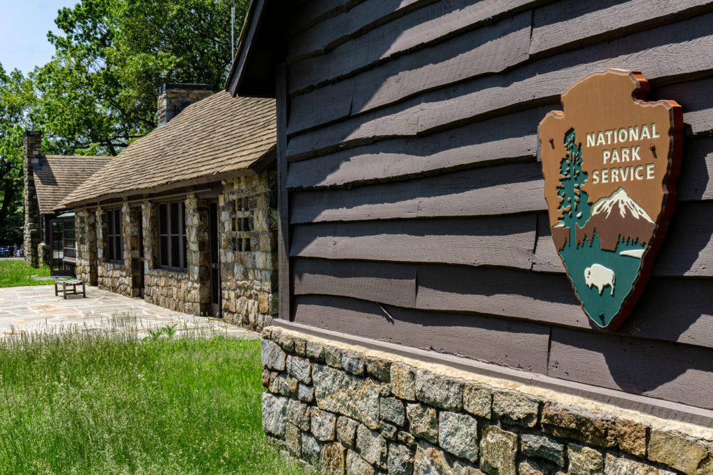 National Park Service sign on the side of the Dickey Ridge Visitor Center in Shenandoah National Park.